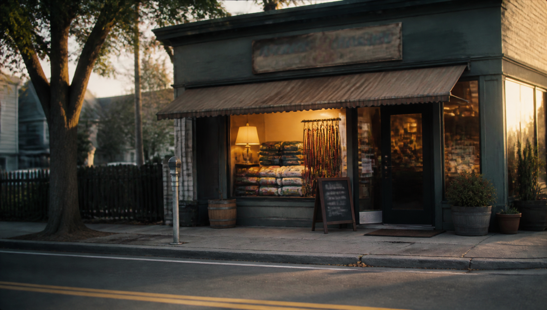 Independent neighborhood pet store storefront at golden hour