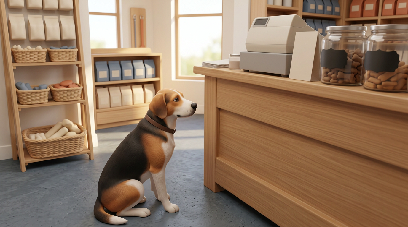 Illustration of a dog waiting at the counter of a small independent pet shop