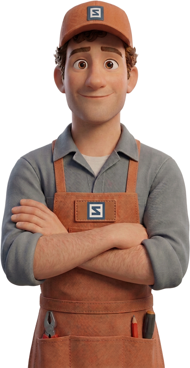 Zach, the Zachcart mascot, arms crossed in the stockroom