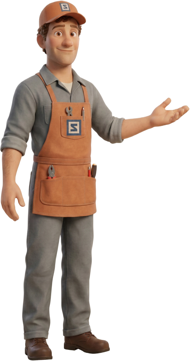 Zach, the Zachcart mascot, gesturing with an open hand